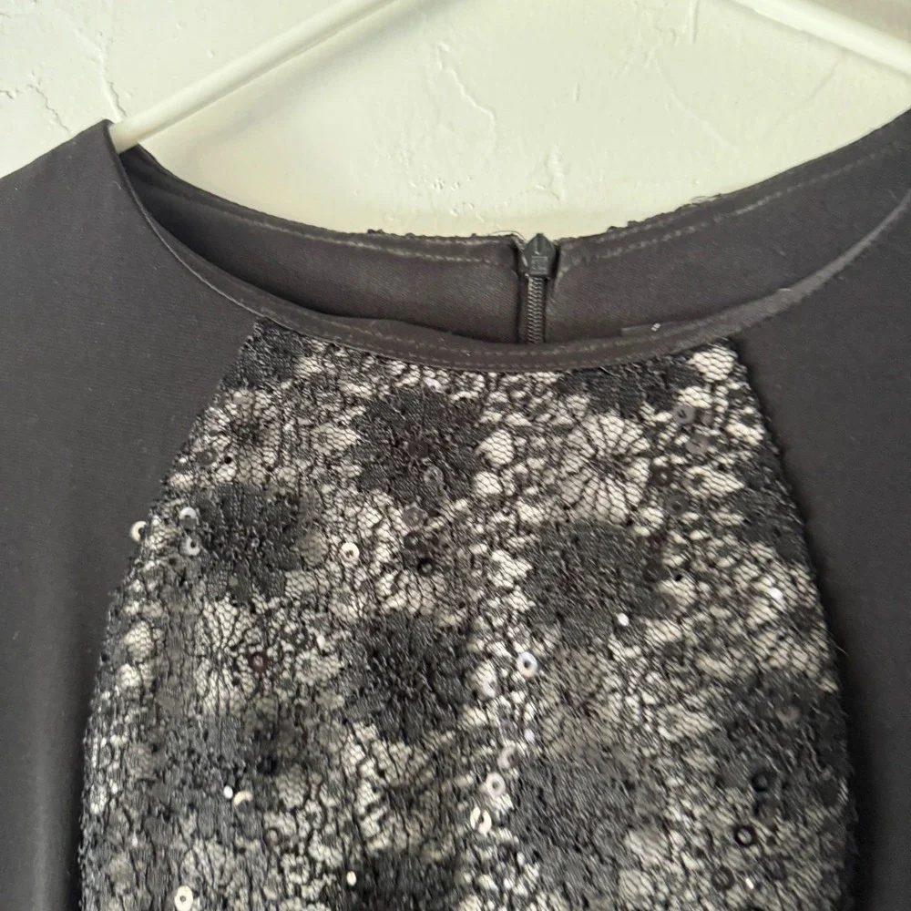 Dressbarn Y2k Black Lace Sequin Sheath Short Sleeve Dress Grunge Goth Party‎